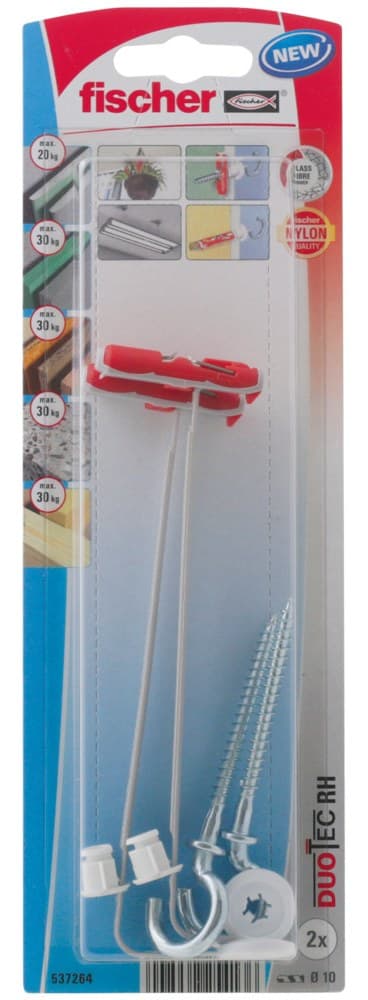 Нейлоновый дюбель Fischer DuoTec 10 S PH K NV (10x50 мм) с шурупом с круглым крючком, упаковка блистер 2 шт
