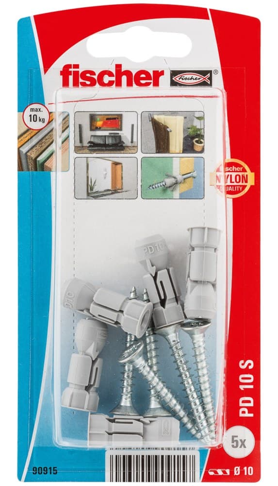 Дюбель для плит с шурупом Fischer PD 10 S K NV для ДСП, упаковка блистер 5 шт