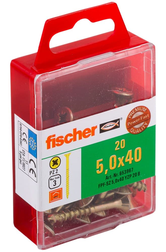 Саморез универсальный Fischer FPF-SZ YZP 5,0x40 мм c потайной головой и неполной резьбой, жц. сталь